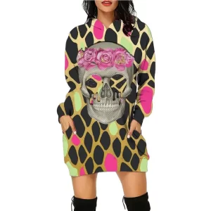 Floral Crown Dripping Skull Animal Pattern Hoodie Dress