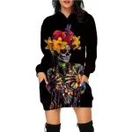 Floral Crown Sugar Skull Lady Black Women's Hoodie Dress