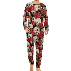 Floral Skull Pattern Red & Black Men’s Pajamas Set