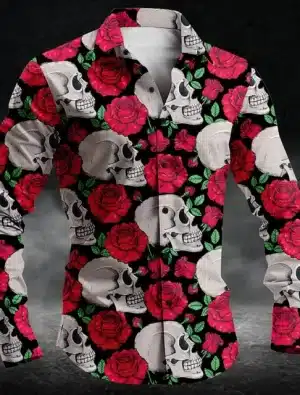 Floral Skull Pattern Red Rose Men’s Long Sleeve Dress Shirt