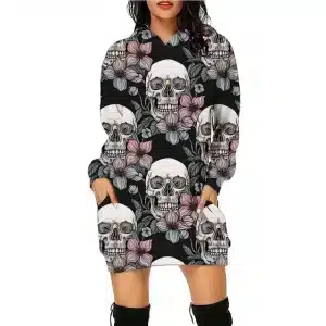 Floral Skull Sketch Gothic Art Black Women's Hoodie Dress