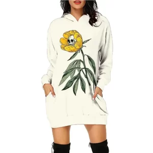 Funny Skull Inside Flower Bloom White Hoodie Dress