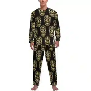 Gold Ornate Skull Abstract Floral Pattern Men’s Pajamas Set