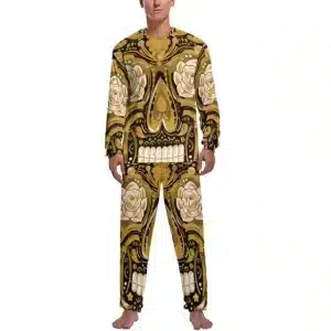 Golden Sugar Skull White Rose Paisley Men’s Pajamas Set