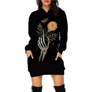 Gothic Botanical Skeleton Hand Holding Flower Hoodie Dress