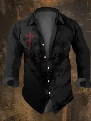 Gothic Cross Skull Shadow Men’s Long Sleeve Dress Shirt