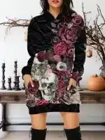 Gothic Dark Floral Skull Rose Print Women's Hoodie Dress