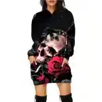 Gothic Dark Half Skull Rose Print Women's Hoodie Dress