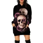 Gothic Dark Purple Rose Skull Graphic Women's Hoodie Dress