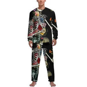 Gothic Floral Rose Skeleton Graphic Black Men’s Pajamas Set