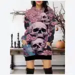 Gothic Floral Skull Pink Sakura Bloom Print Hoodie Dress