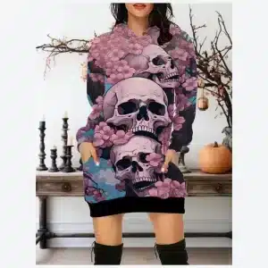 Gothic Floral Skull Pink Sakura Bloom Print Hoodie Dress