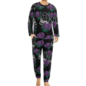 Gothic Hollow Skull Purple Roses Black Men’s Pajamas Set