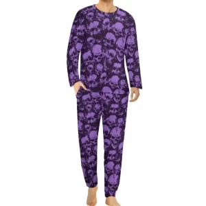 Gothic Horror Purple Skull Print Overlay Men’s Pajamas Set