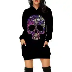 Gothic Intricate Purple Floral Skull Art Women's Hoodie Dress