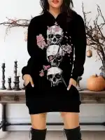 Gothic Pink Floral Stacked Trio Skulls Black Hoodie Dress