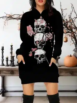 Gothic Pink Floral Stacked Trio Skulls Black Hoodie Dress