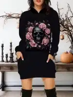 Gothic Pink Rose Wraith Monochrome Skull Hoodie Dress