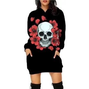 Gothic Red Floral Accents Skull Print Women's Hoodie Dress