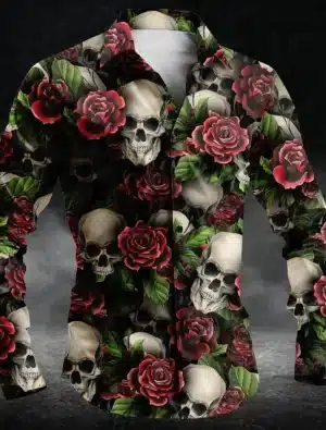 Gothic Red Rose Skull Garden Men’s Long Sleeve Dress Shirt