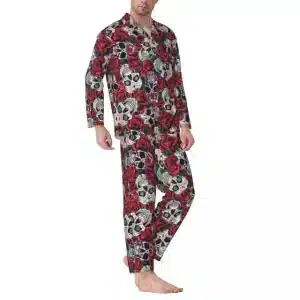 Gothic Red Rose Sugar Skull Pattern Men’s Pajamas Set