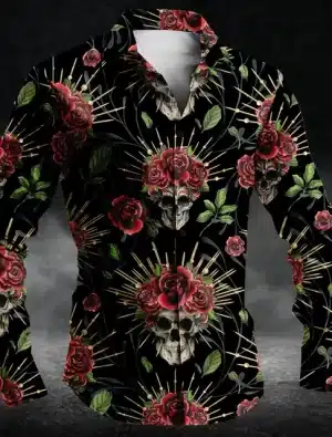 Gothic Sacred Skull Rose Halo Men’s Long Sleeve Dress Shirt