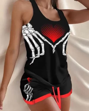 Gothic Skeleton Hand Heart Graphic Women’s Pajamas Set