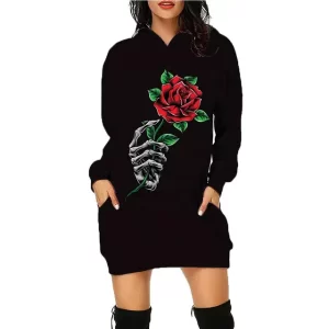 Gothic Skeleton Hand Holding Red Rose Icon Hoodie Dress