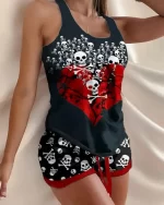 Gothic Skull Heart Crossbones Pattern Women’s Pajamas Set