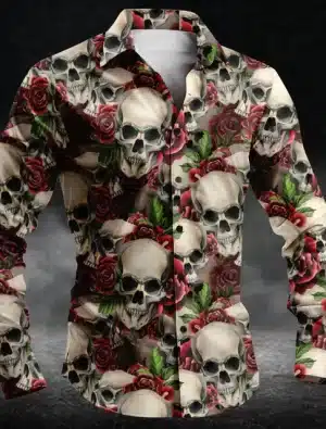 Gothic Skull & Red Rose Art Men’s Long Sleeve Dress Shirt