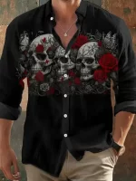 Gothic Skull Rose Butterfly Men’s Long Sleeve Dress Shirt