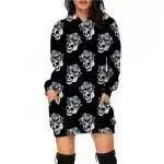 Gothic Skull Rose Crown Head Pattern Black Hoodie Dress