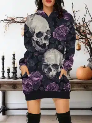 Gothic Skulls Midnight Purple Roses Women's Hoodie Dress