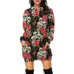 Gothic Skulls Red Rose Vine Pattern Women's Hoodie Dress