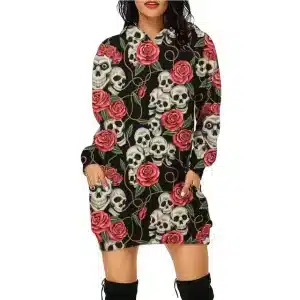 Gothic Skulls Red Rose Vine Pattern Women's Hoodie Dress