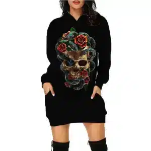 Gothic Snake and Roses Skull Black Hoodie Dress