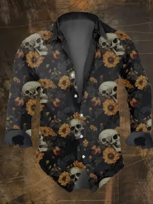 Gothic Sunflower Skull Black Men’s Long Sleeve Dress Shirt