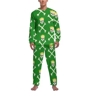 Green Crowned Skull Crossbones Pattern Men’s Pajamas Set