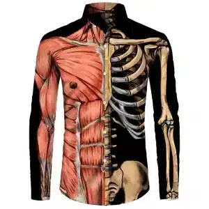 Half Muscle & Skeleton Print Men’s Long Sleeve Dress Shirt