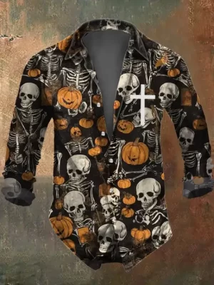 Halloween Skeleton Pumpkin Men’s Long Sleeve Dress Shirt