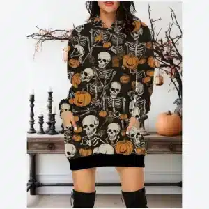 Halloween Skeleton Pumpkins Festive Women's Hoodie Dress