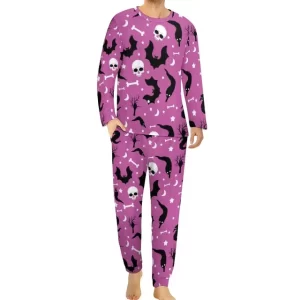 Halloween Skull & Bat Pattern Purple Men’s Pajamas Set