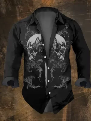 Haunted Ornate Monster Skull Men’s Long Sleeve Dress Shirt