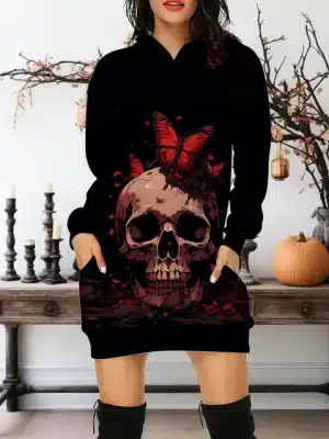 Horror Blood Red Butterfly Skull Print Hoodie Dress