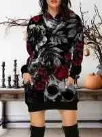 Horror Gothic Floral Skull Art Black and Red Hoodie Dress