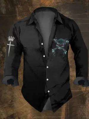 Horror Red-Eyed Skull Emblem Men’s Long Sleeve Dress Shirt