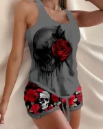 Horror Skull Rose Shadow Drip Gray Women’s Pajamas Set