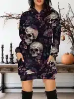 Midnight Floral Skull Garden Pattern Hoodie Dress