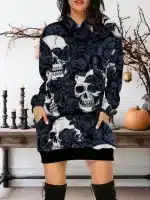 Midnight Navy Roses Cracked Skulls Women's Hoodie Dress