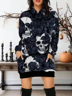 Midnight Navy Roses Cracked Skulls Women's Hoodie Dress